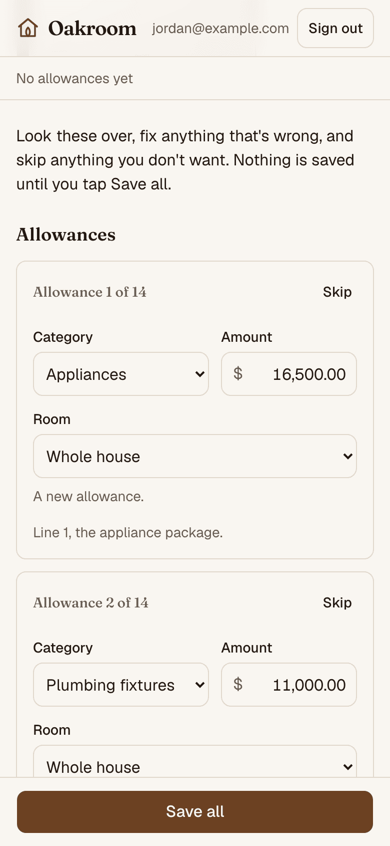 Oakroom's review screen on a phone, showing allowances filled in from a photo of the schedule. Each one can be edited or skipped, and there's a Save all button.